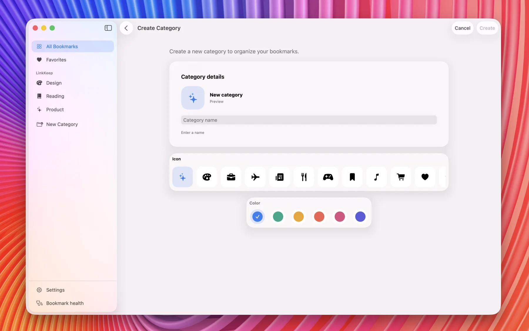 Create categories with icons and colors